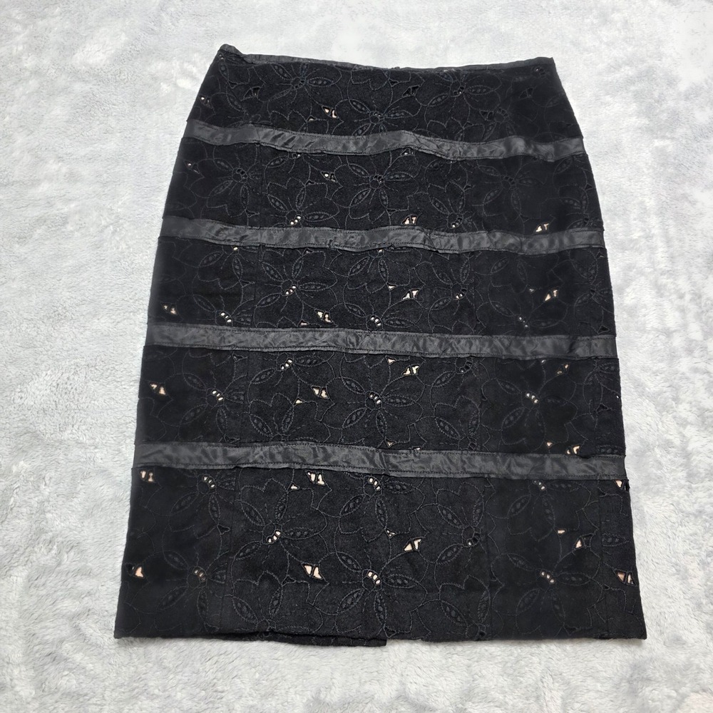 Tracy Reese Women 4 Black Pencil Skirt Wool Angora Eyelet Satin Bows Ribbons